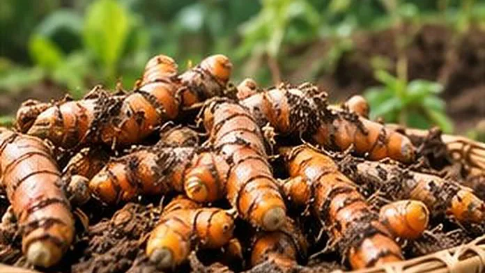 Củ nghệ tươi trong giỏ tre